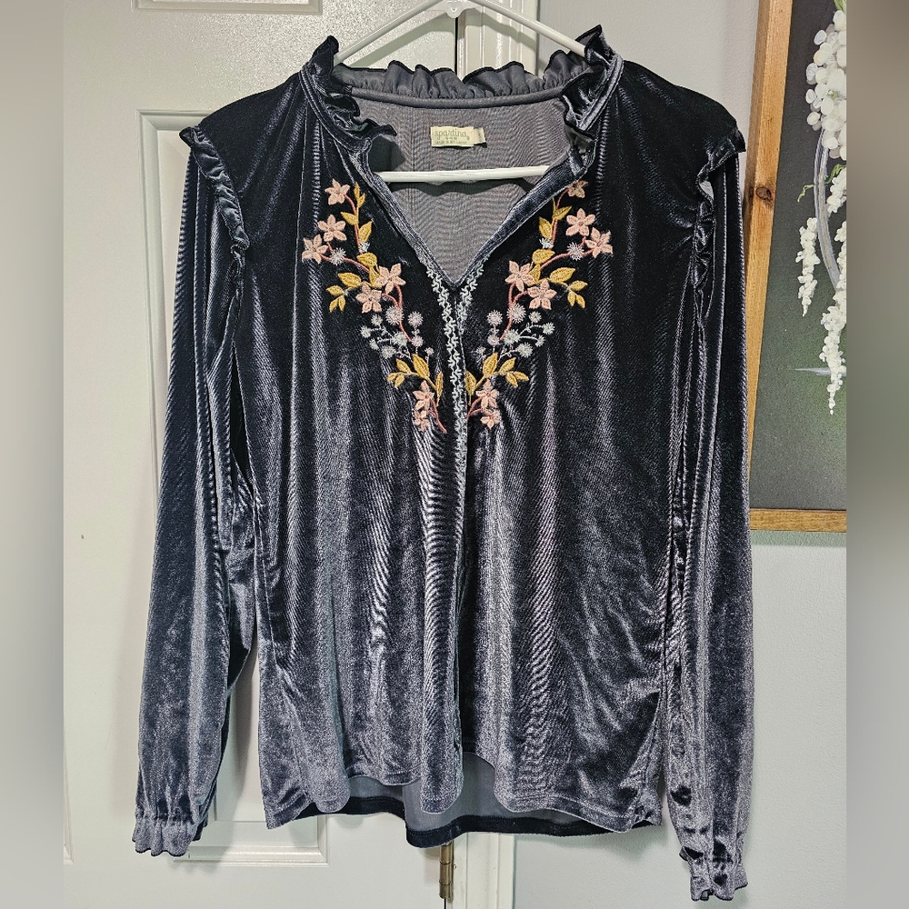 Spartina 449 Charcoal Velvet Embroidered V-Neck Long Sleeve Top